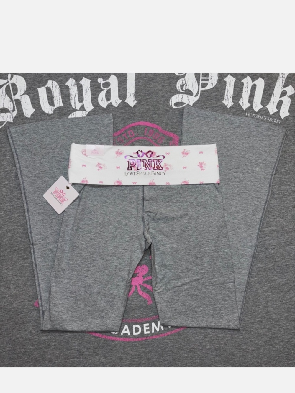 PINK Victoria's Secret Gray Leggings with White & Pink Fold-Over Waistband